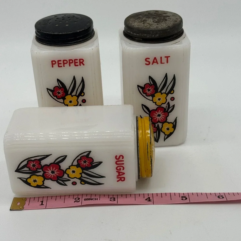 Vintage McKee Tipp City Milk Glass Sugar Salt Pepper Range Shaker Set Flower 40s